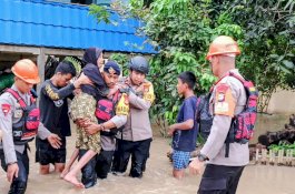 Anggota Polisi Evakuasi Warga Terisolir Banjir di Wajo