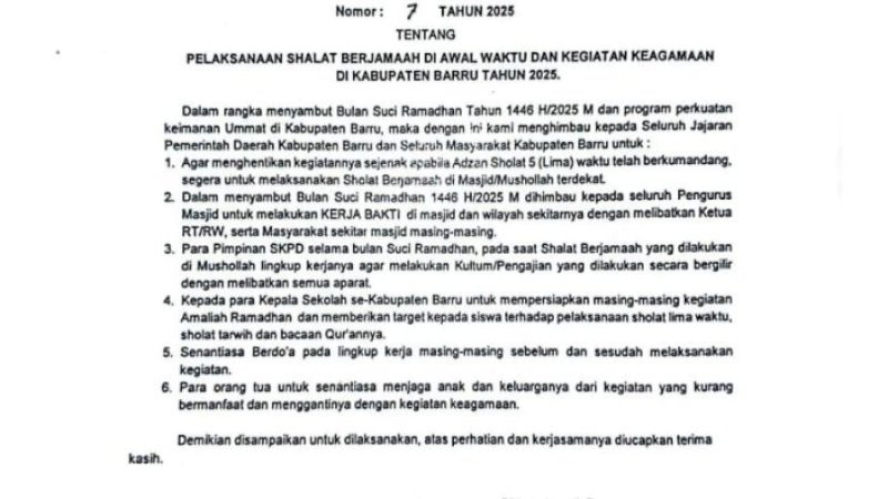 Bupati Barru Keluarkan Surat Edaran Imbau Masyarakat Shalat Berjamaah Awal Waktu dan Aktif Kegiatan Keagamaan