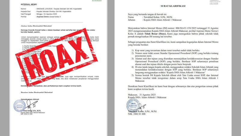 Surat edaran SMA Islam Athirah I yang isinya ajakan ikut Demo Hoax