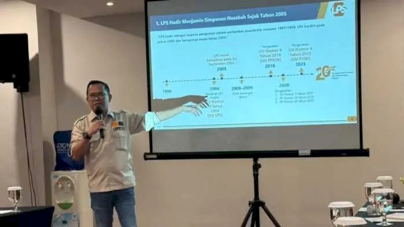 Deputi Kepala LPS III Sulampua, Prayitno Amigoro, memaparkan kinerja, cakupan penjaminan 99,97% di Sulampua, percepatan klaim 5 hari, serta strategi baru meminimalkan risiko perbankan.