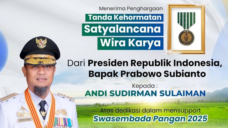 Gubernur Andi Sudirman Sulaiman Terima Satyalancana Wira Karya dari Presiden Prabowo