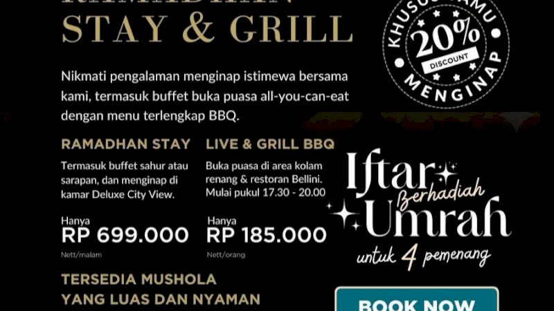 menghadirkan program berbuka puasa bertajuk &ldquo;Live & Grill BBQ Ramadan Experience&rdquo;, yang menggabungkan sajian kuliner premium dengan panorama senja khas Pantai Losari
