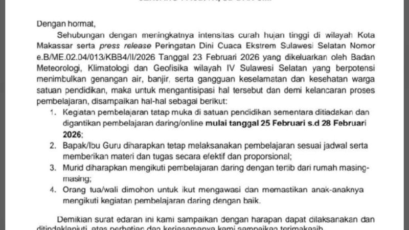 Sekolah PAUD hingga SMP di Makassar Belajar Daring Selama Empat Hari
