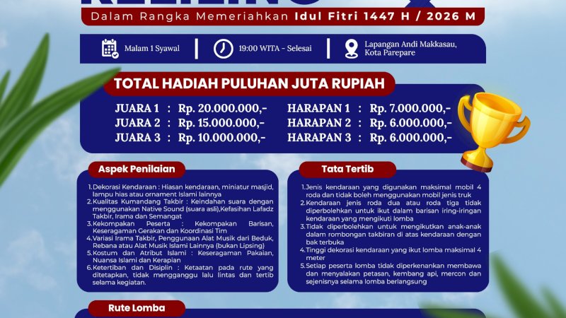 Pemkot Parepare Gelar Lomba Takbiran Keliling Berhadiah Puluhan Juta, TSM Ajak Warga Ramaikan Malam Idulfitri