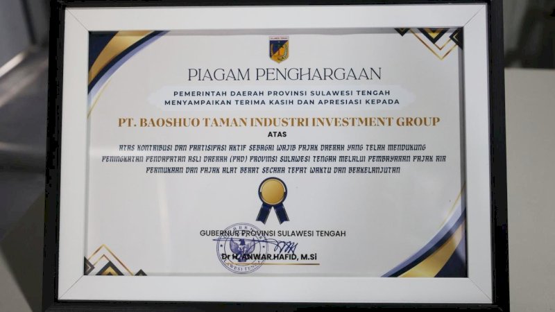 PT Baoshuo Taman Industry Investment Group (BTIIG) atau Huabao Indonesia menegaskan peran strategis sektor industri dalam menopang keuangan daerah setelah menerima penghargaan sebagai wajib pajak berkontribusi tinggi pada peringatan Hari Ulang Tahun ke-62 Provinsi Sulawesi Tengah.