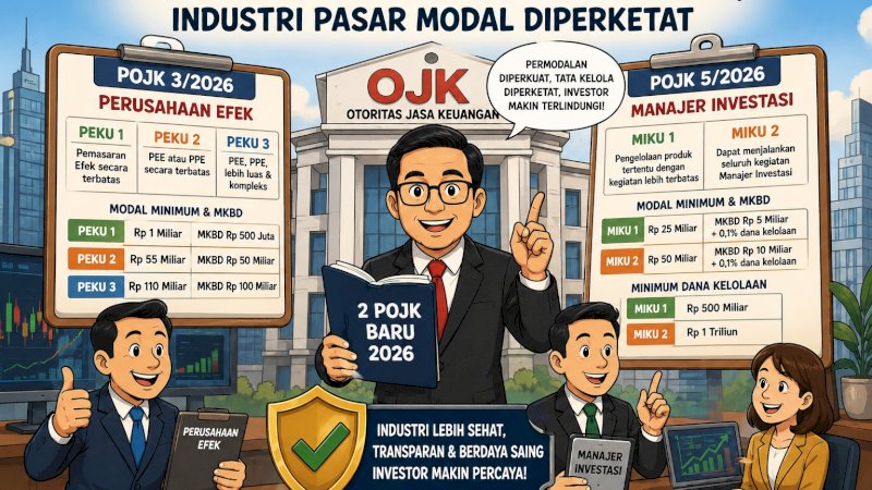 Melalui POJK Nomor 3 Tahun 2026 dan POJK Nomor 5 Tahun 2026, OJK mulai memperketat tata kelola, penguatan modal, hingga kapasitas kelembagaan bagi perusahaan efek dan manajer investasi di Indonesia.