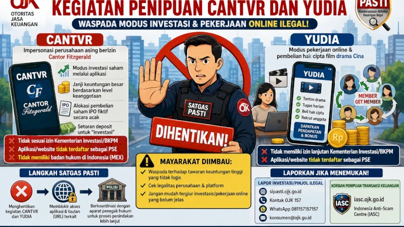 Satgas PASTI menghentikan aktivitas dua entitas yang diduga menjalankan skema penipuan berkedok investasi dan pekerjaan online, yakni CANTVR dan YUDIA.