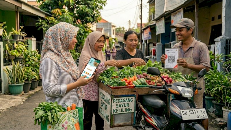 Ibu Anti menggunakan aplikasi wondr by BNI untuk melakukan pembayaran qris 
