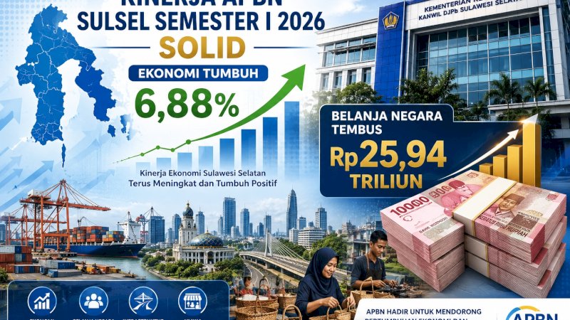 Pertumbuhan ekonomi Sulawesi Selatan pada Triwulan I 2026 tercatat mencapai 6,88%, melampaui pertumbuhan ekonomi nasional yang berada di angka 5,61%.