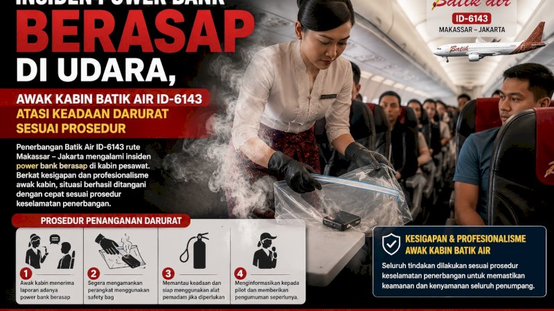 Batik Air mengonfirmasi penanganan insiden power bank yang mengeluarkan asap dan percikan api pada penerbangan ID-6143 rute Makassar (UPG) menuju Jakarta (CGK), Rabu (29/7/2026).