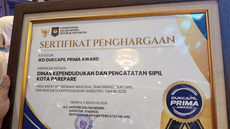 Satu-satunya di Indonesia Timur, Parepare Raih Penghargaan IKD Disdukcapil Prima Award 2026,