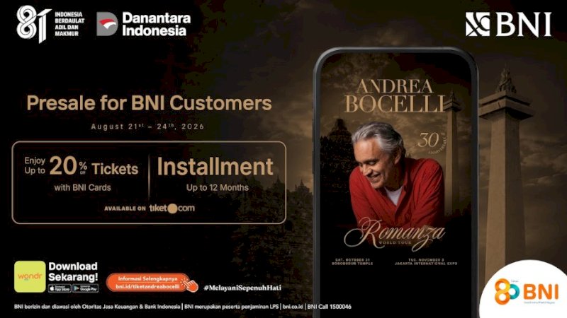 PT Bank Negara Indonesia (Persero) Tbk (BNI) resmi membuka exclusive presale tiket konser Andrea Bocelli &ldquo;Romanza - 30th Anniversary World Tour&rdquo;