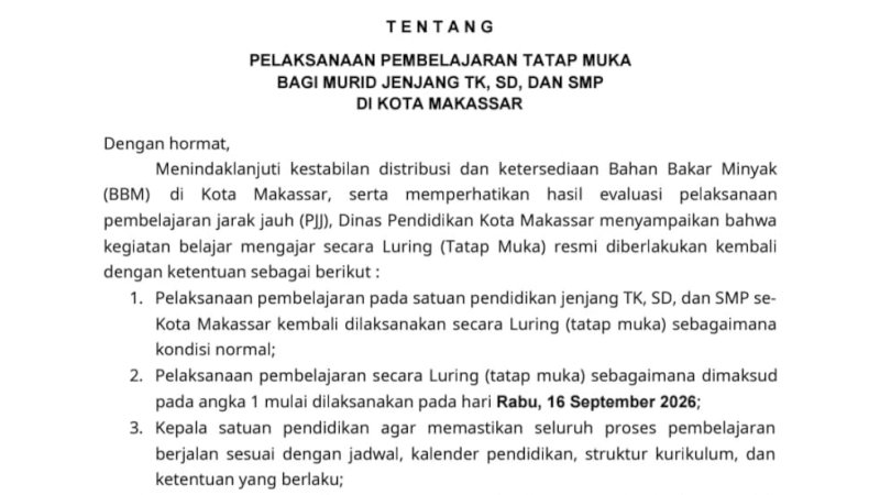 Siswa TK-SMP di Makassar Kembali Sekolah Tatap Muka Mulai Besok