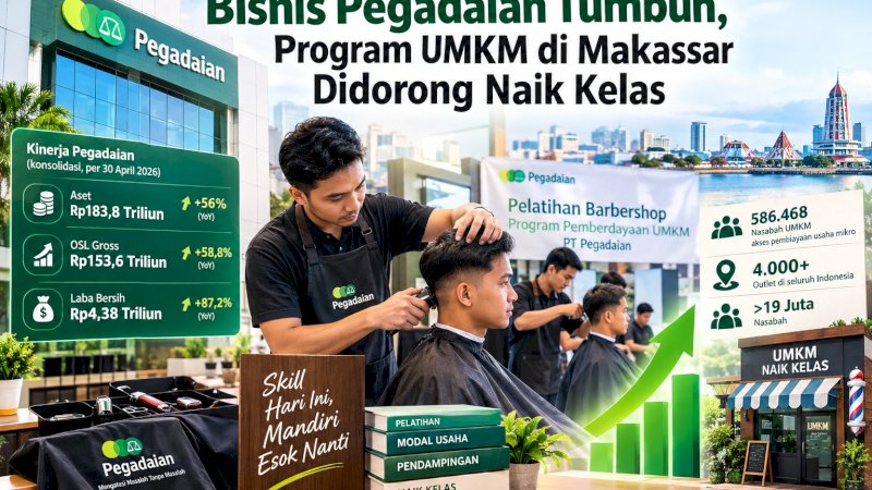 pemberdayaan UMKM Pegadaian di Makassar melalui pelatihan barbershop. Program ini menjadi bagian dari upaya mendorong peningkatan keterampilan dan kemandirian pelaku usaha agar mampu berkembang dan naik kelas.