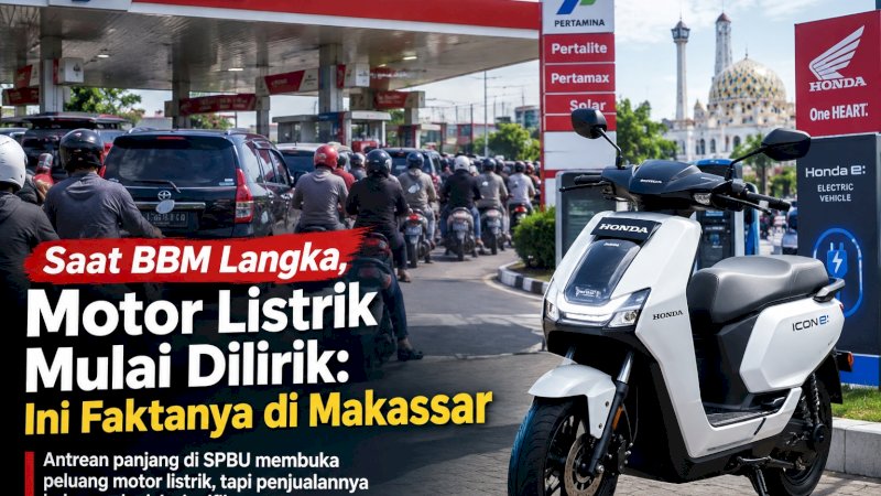Antrean kendaraan mengular di SPBU di tengah persoalan pasokan BBM, sementara motor listrik mulai dilirik sebagai alternatif mobilitas masyarakat di Makassar
