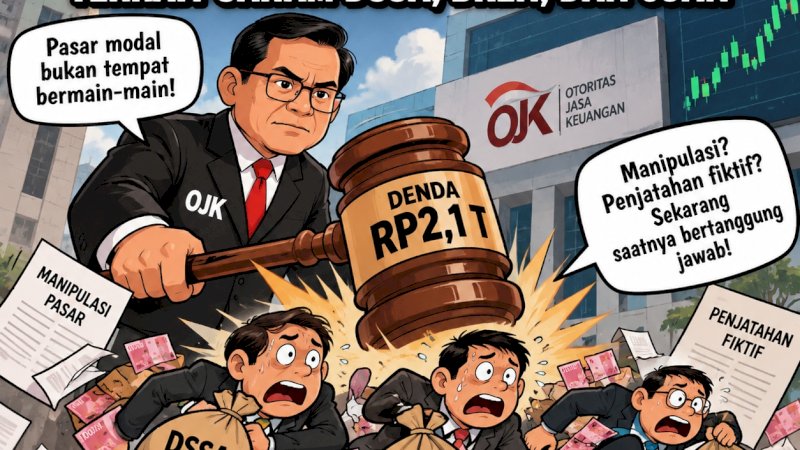 Otoritas Jasa Keuangan (OJK) mengumumkan sanksi administratif dengan total Rp2,1 triliun terhadap pihak-pihak terkait pelanggaran perdagangan dan penawaran saham DSSA, BREN, serta CUAN, Jumat (16/10/2026)