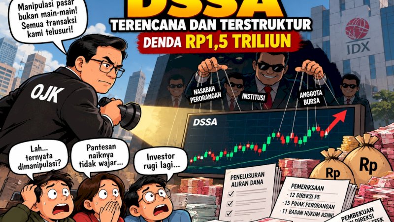 Otoritas Jasa Keuangan (OJK) mengungkap temuan manipulasi perdagangan saham PT Dian Swastatika Sentosa Tbk (DSSA) yang disebut dilakukan secara terencana dan terstruktur. Regulator mengenakan denda administratif Rp1,5 triliun kepada pihak-pihak terkait transaksi saham tersebut