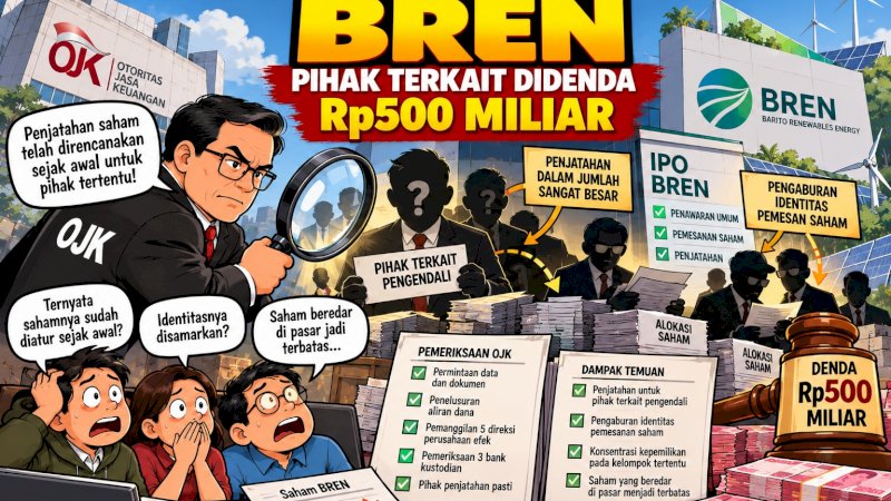 Ilustrasi editorial mengenai pemeriksaan OJK atas pelanggaran penjatahan saham BREN yang berujung pada pengenaan denda administratif Rp500 miliar kepada pihak-pihak terkait