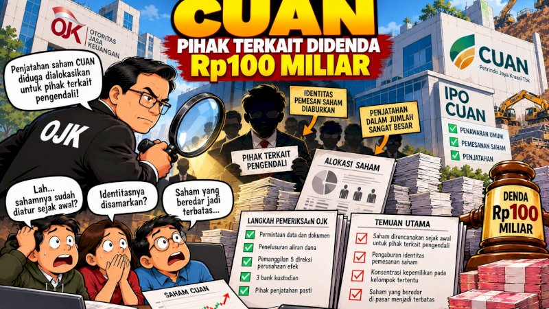 Ilustrasi pemeriksaan OJK terhadap pelanggaran penjatahan saham PT Petrindo Jaya Kreasi Tbk (CUAN), yang berujung pada pengenaan denda administratif Rp100 miliar kepada pihak-pihak terkait