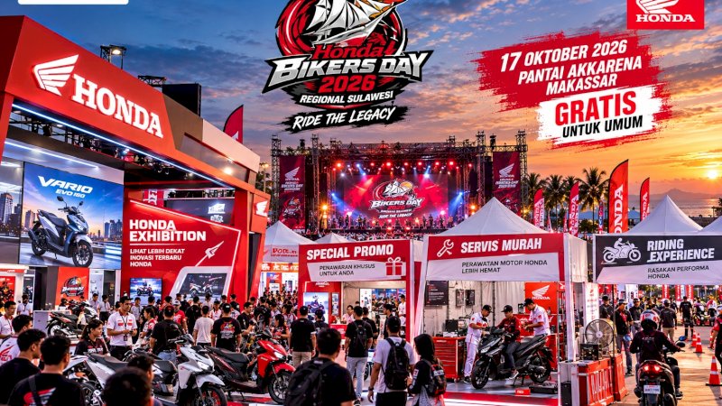 Honda Bikers Day 2026 Regional Sulawesi dijadwalkan menghadirkan Honda Exhibition & Special Promo, layanan servis murah, serta Riding Experience di Pantai Akkarena, Makassar, Sabtu (17/10/2026)