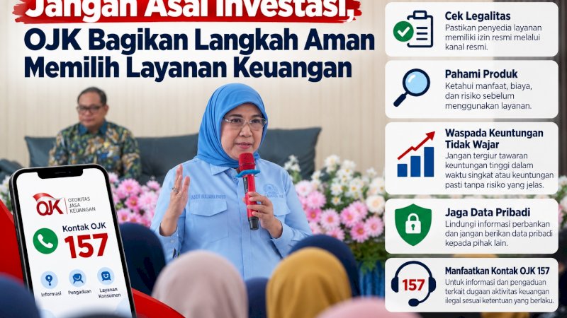 OJK Sulsel Sulbar bersama Anggota Komisi XI DPR RI, Andi Yuliani Paris, memberikan edukasi keuangan kepada masyarakat Kabupaten Sinjai, Senin (26/10/2026), termasuk mengenai kewaspadaan terhadap investasi ilegal dan pentingnya memeriksa legalitas layanan keuangan.