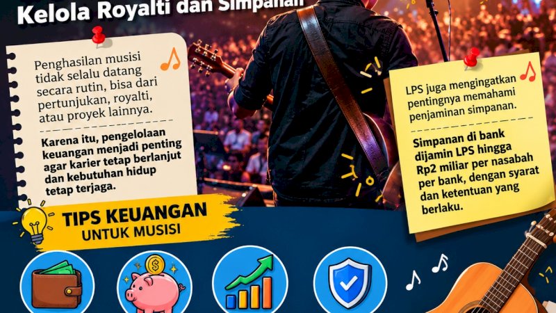 Direktur Grup Hubungan Lembaga LPS, Nur Budiantoro, menyampaikan edukasi mengenai pengelolaan keuangan dan penjaminan simpanan dalam Konferensi Musik Indonesia 2026 di Hotel Claro Makassar, Rabu (28/10/2026).