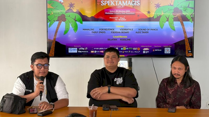 Jajaran promotor Spektamagis memperkenalkan konser Spektamagis Vol. 3 yang akan menghadirkan Mahalini, Fiersa Besari, Vierratale, For Revenge, Fadly Padi, Sound Of Panca, serta dua band lokal Makassar di Parking Lot Phinisi Point pada 4 November 2026.