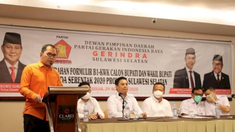 Mohammad Ramdhan Pomanto saat memberikan sambutan pada acara penyerahan formulir B.1-KWK calon kepala daerah (cakada) Gerindra pada pilkada serentak 2020 Sulawesi Selatan di Hotel Claro, Sabtu (29/8/2020).