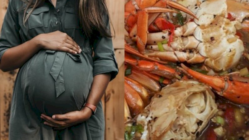 (Kiri) Ilustrasi ibu hamil. (Unsplash) / (kanan) kepiting. (Bl
